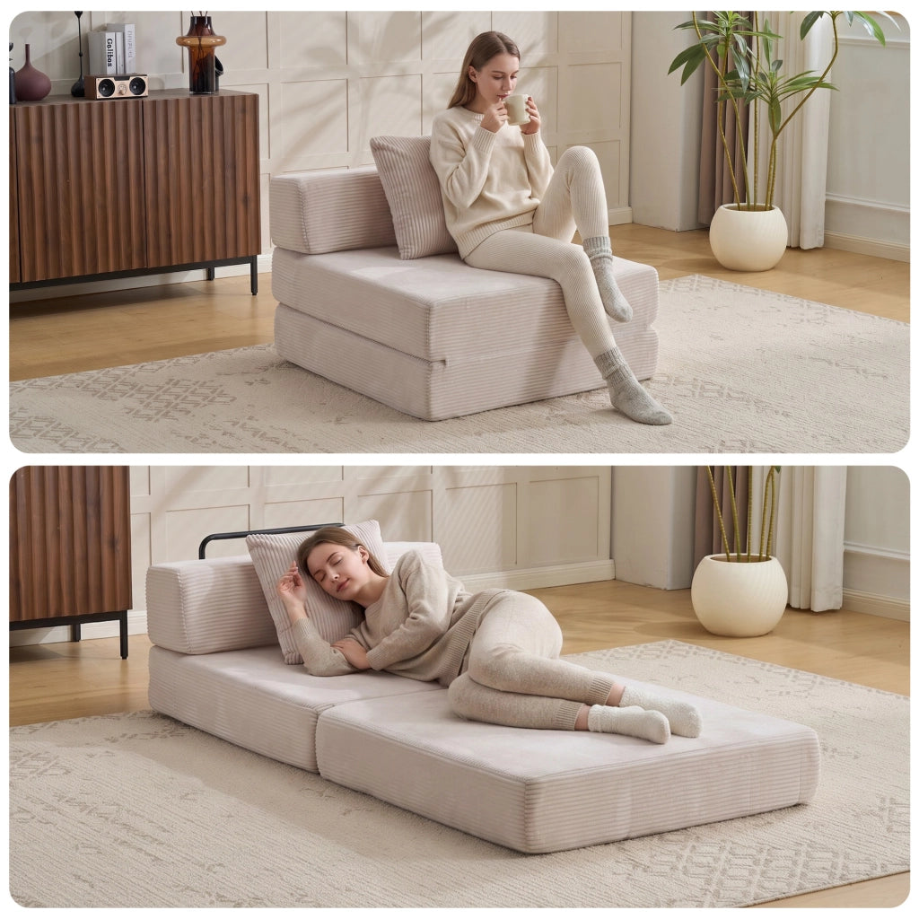 DIVANO LETTO DA TERRA PIEGHEVOLE IN CORDUROY BIANCO