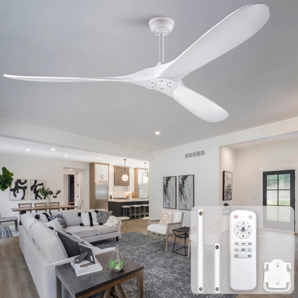 Ventilatore da soffitto 70 pollici bianco con 3 pale in legno; telecomando; senza luce