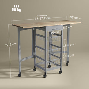 Carrello da Cucina 37x37x77,5 cm con 3 Cestini e 2 Ribalte in Legno e Metallo Grigio e Rovere