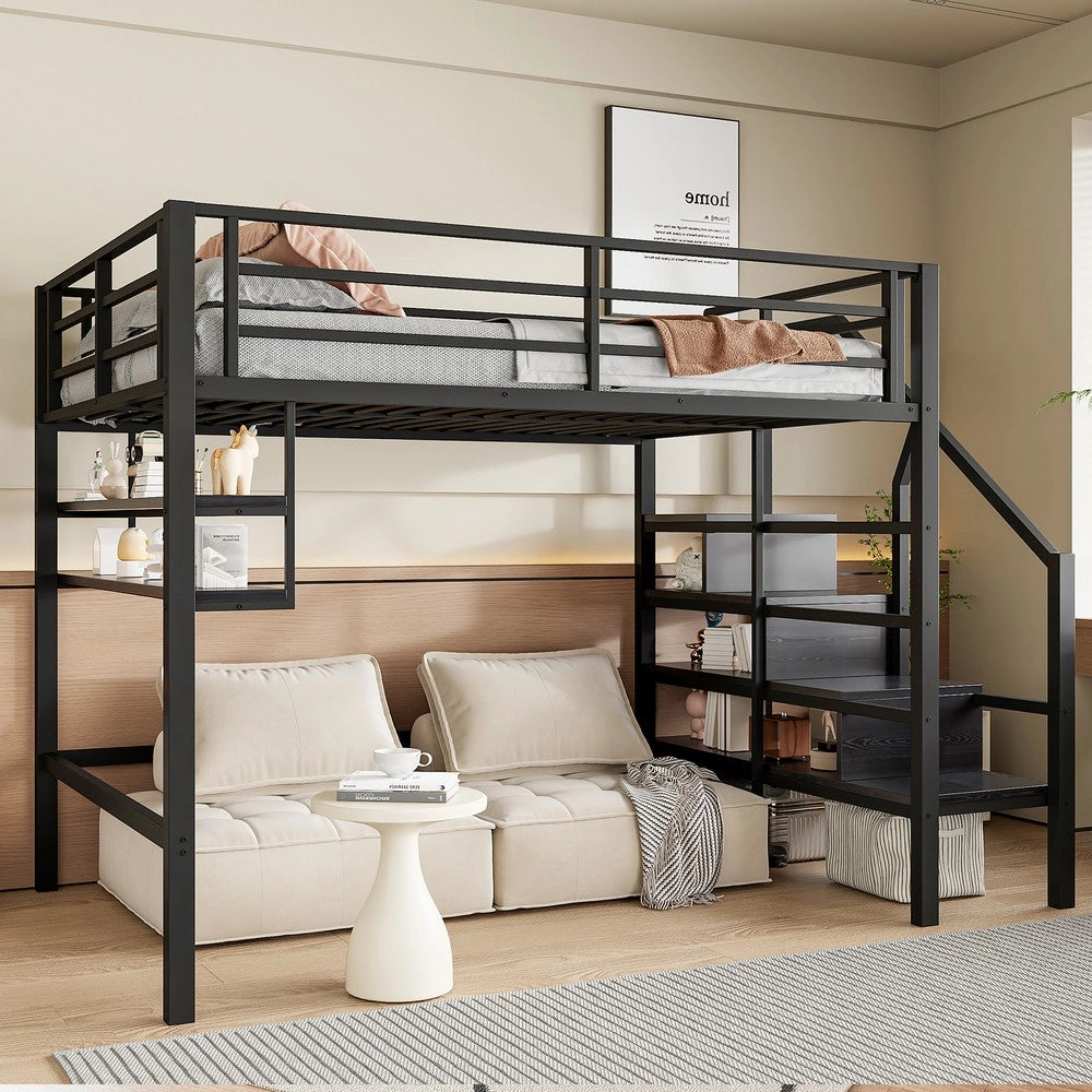 Letto a soppalco ¨C Minimal ¨C nero 140x200cm con soppalco e scala portaoggetti