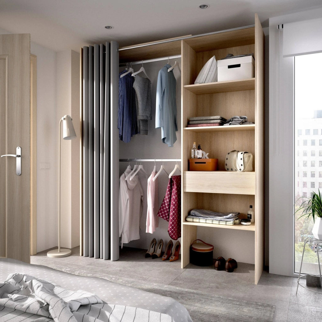 Guardaroba Arim, Struttura per cabina armadio con tenda, Mobile appendiabiti aperto, 160x50h203 cm, Rovere
