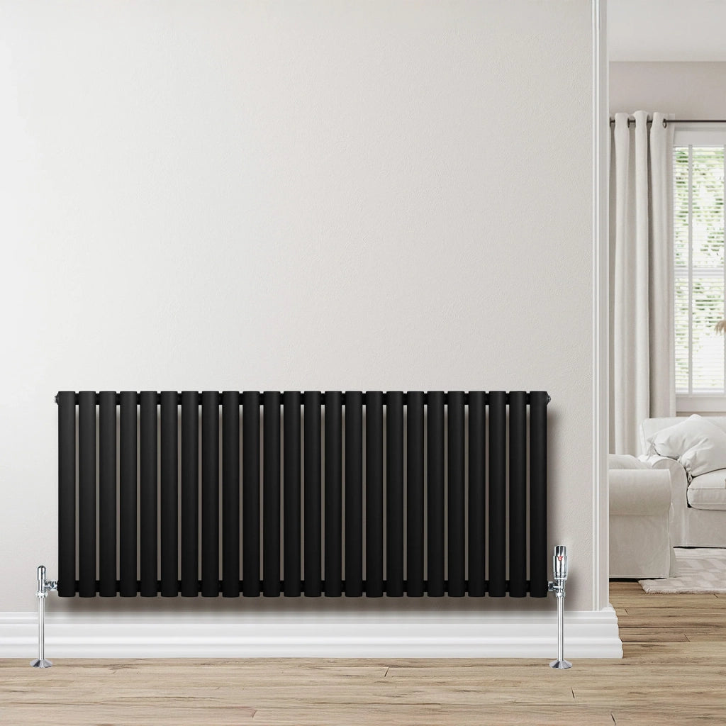 Radiatore Orizzontale Ovale 600x1440mm Nero con Valvole TRV