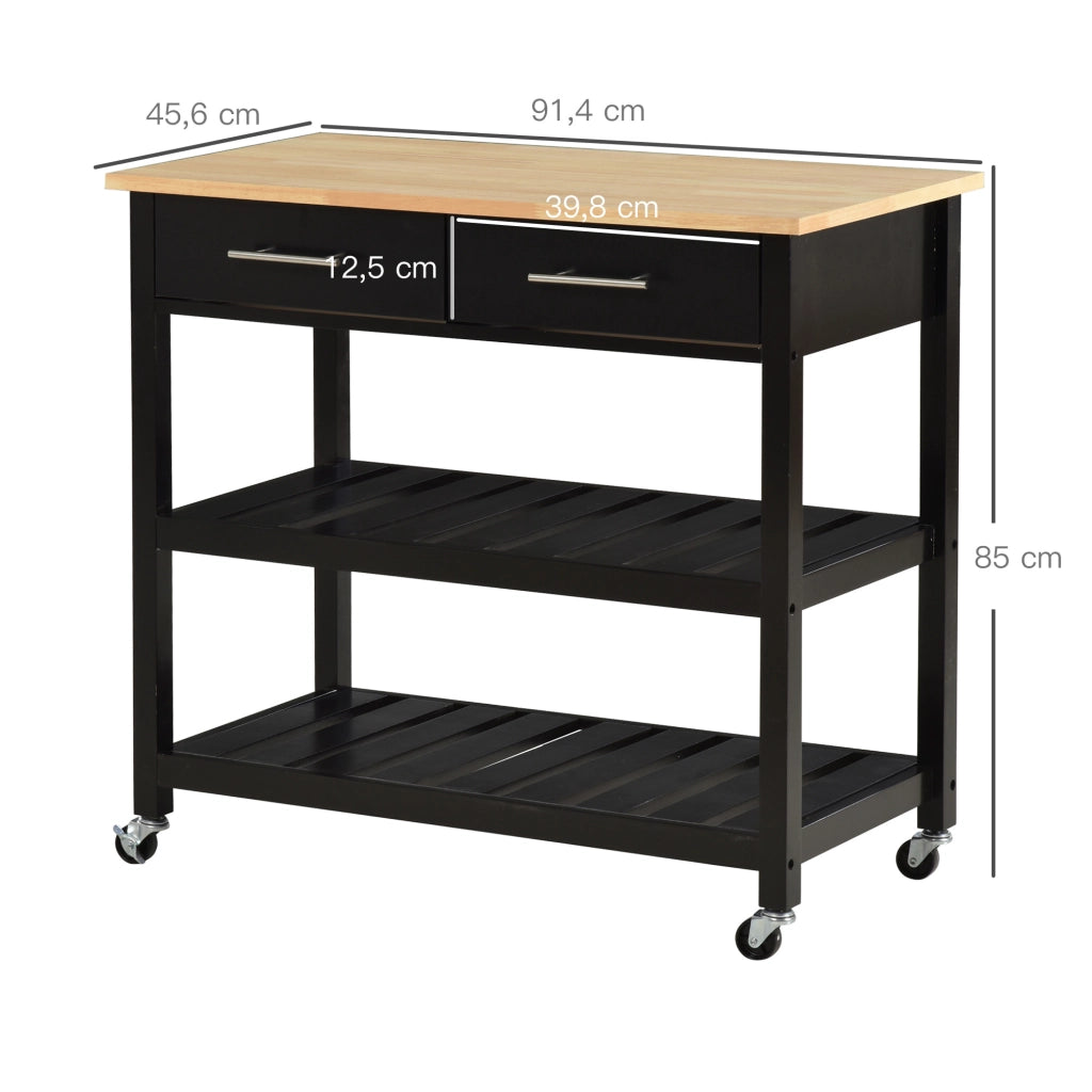 Carrello da cucina con ruote ¨C zephmum ¨C 2 ripiani, 2 cassetti, nero, legno naturale