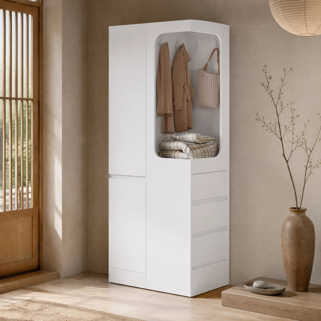 ARMADIO 70 x 40 x 170 cm con cassetti e vano appendiabiti aperto Bianco
