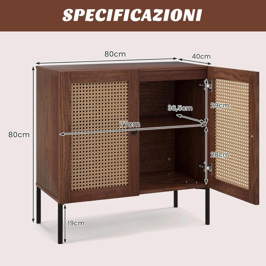 Credenza con 2 Ante in Rattan, Mobile Buffet da Cucina con Ripiano Regolabile in 3 Posizioni, Mobile per Cucina, Sala da Pranzo e Soggiorno, 80 x 40 x 80 cm (Noce)