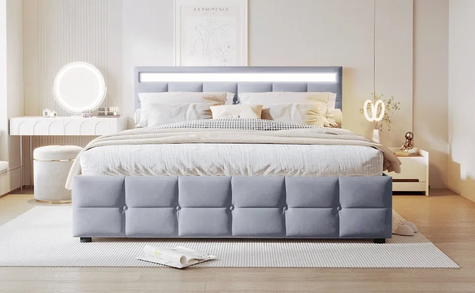 Letto matrimoniale contenitore 180x200 cm con LED; apertura idraulica; rivestimento in velluto grigio e rete