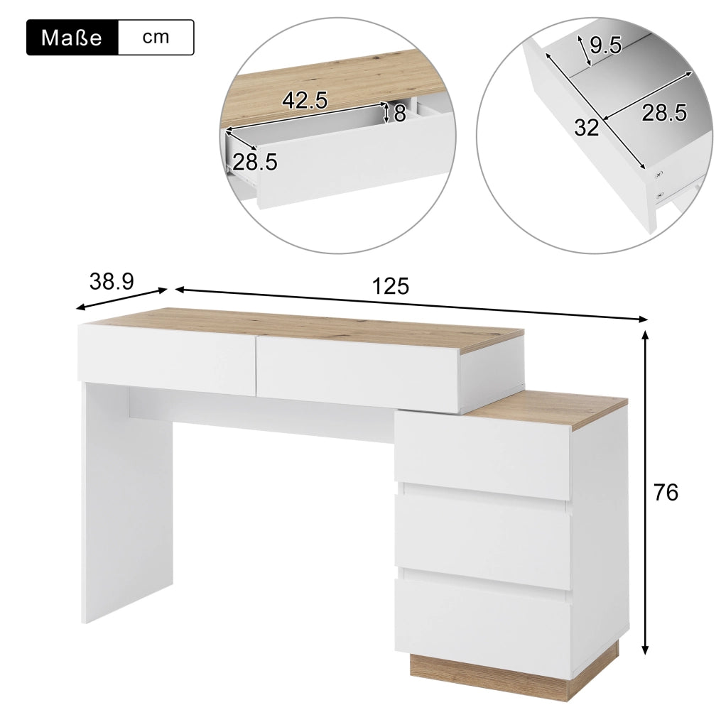 Tavolino da trucco classico con 5 cassetti; in truciolare E1; bianco e rovere