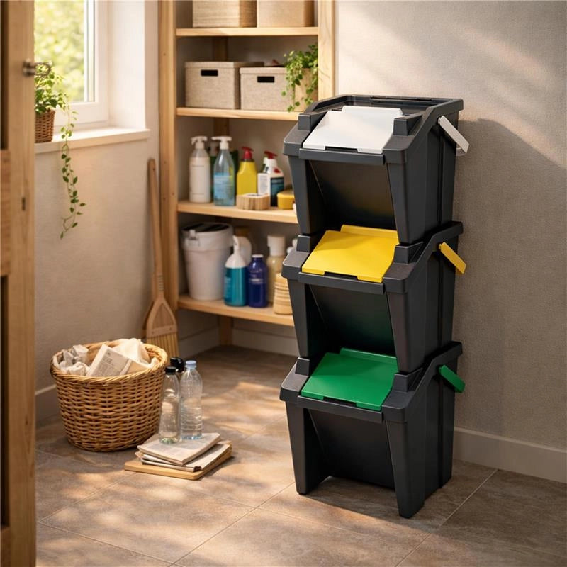SET 3 PATTUMIERE MODULARI 30L NERE IMPILABILI 38X37X25/37 CM, TOWER RACCOLTA DIFFERENZIATA SALVASPAZIO CON APERTURA FRONTALE PER CUCINA E RIPOSTIGLIO
