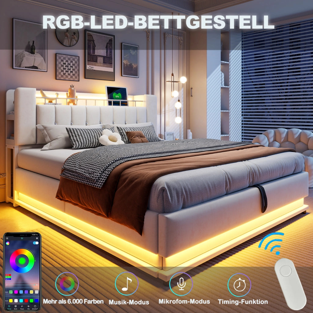 Letto Contenitore 180x200 cm; con USB e LED; in Tessuto Imbottito; Beige