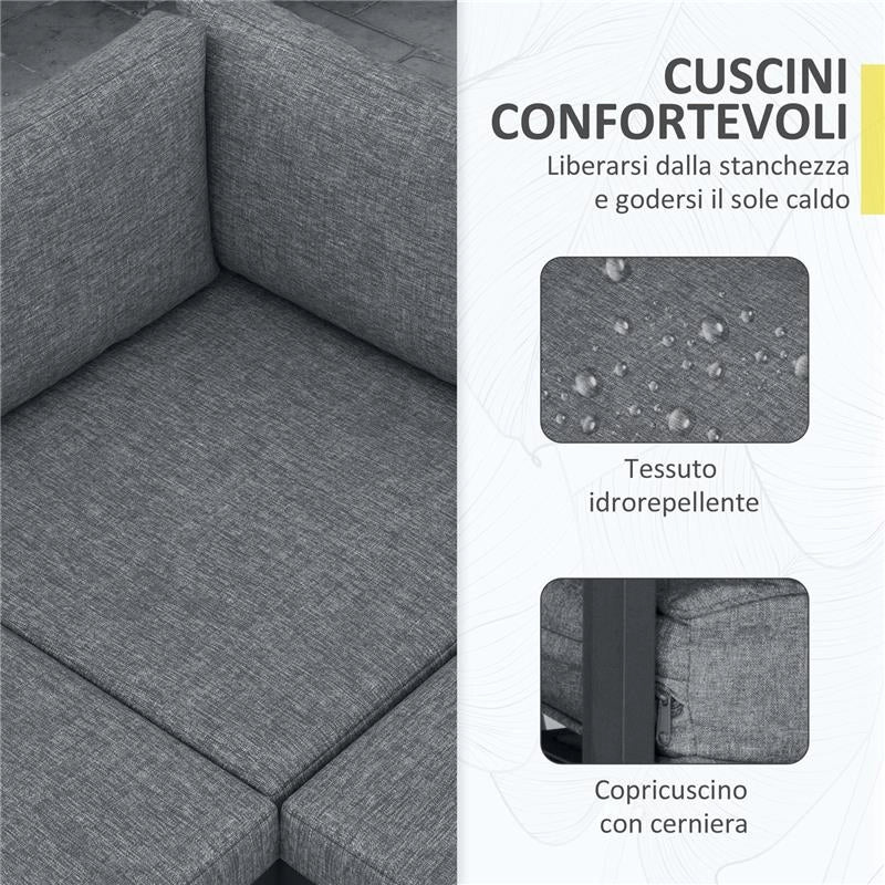SET DA GIARDINO 4 PEZZI IN ALLUMINIO CON 2 DIVANETTI, POLTRONA ANGOLARE E TAVOLINO DA CAFFÈ, GRIGIO E TEAK