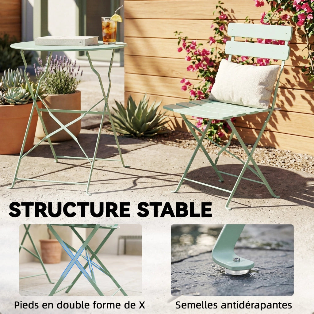 Set Giardino Bistrot 3 Pezzi con Tavolo e 2 Sedie Pieghevoli ¨C zephmum ¨C Verde Antiruggine
