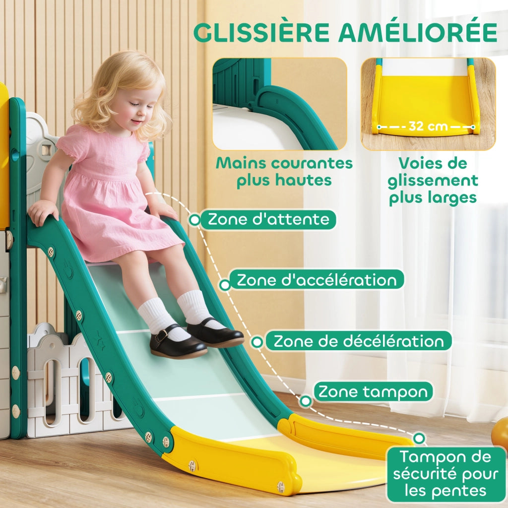 Scivolo 7 in 1 per bambini con canestro basket, telescopio, contenitore, tunnel, parete da arrampicata, tavolo da disegno ¨C Xylo ¨C giallo