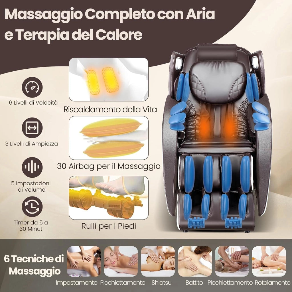 Poltrona Massaggiante, Sedia da Massaggio con 12 Modalità, 6 Tecniche di Massaggio, Stretch Thailandese e Guida SL, Poltrona Relax con Telecomando per Tutto il Corpo (Marrone)