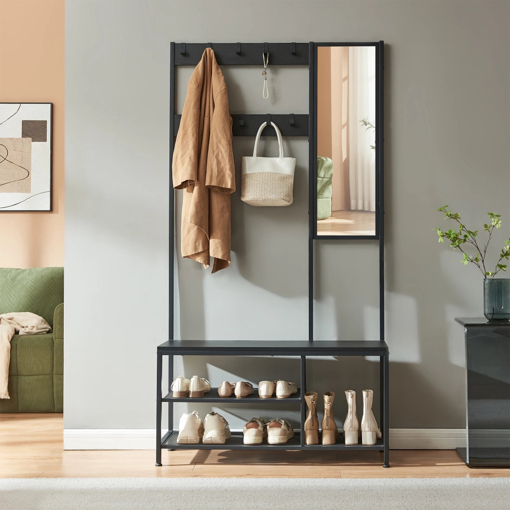 Stand Appendiabiti Napinerg con Specchio Panca e Scarpiera 185 x 98 x 34 cm - Nero [en.casa]
