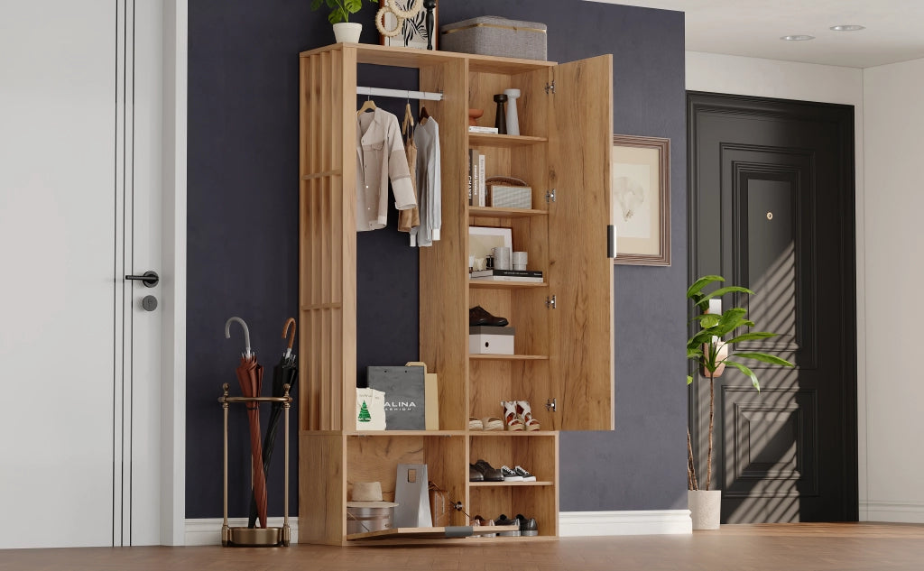 Mobile Ingresso con Specchio Guardaroba in Legno Naturale 100 cm