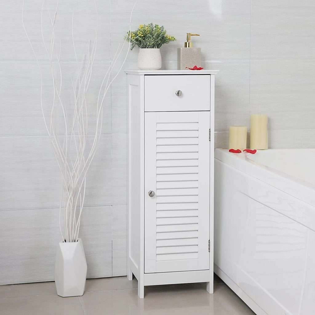 Colonna Bagno Bianca con Cassetto e Ante a Persiana - MDF