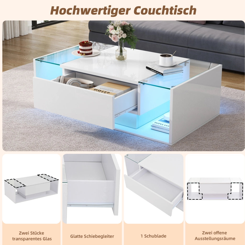 Tavolino da salotto quadrato 100 x 50 x 31 cm con 1 cassetto; LED e vetro temperato bianco lucido
