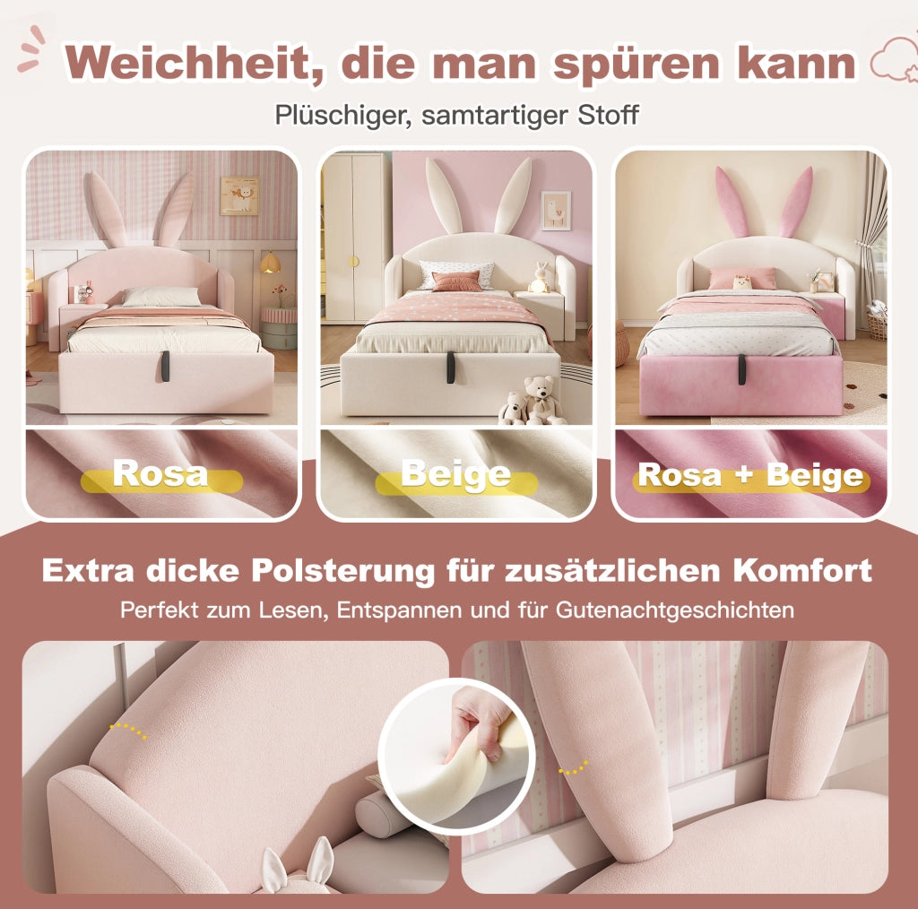 Letto imbottito per bambini 90x190 cm rosa con contenitore e comodino