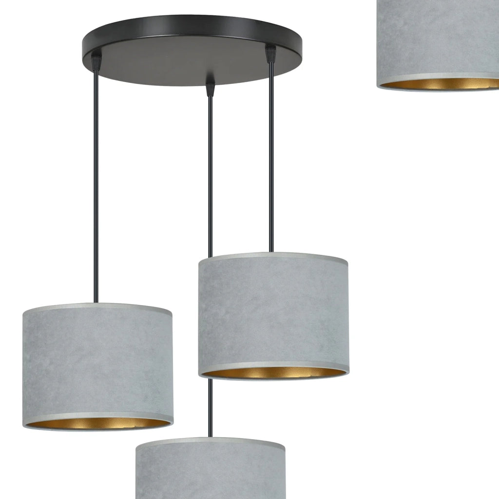 Lampadario Tondo 3 Luci Ganesha In Acciaio Nero E Paralumi In Tessuto Grigio