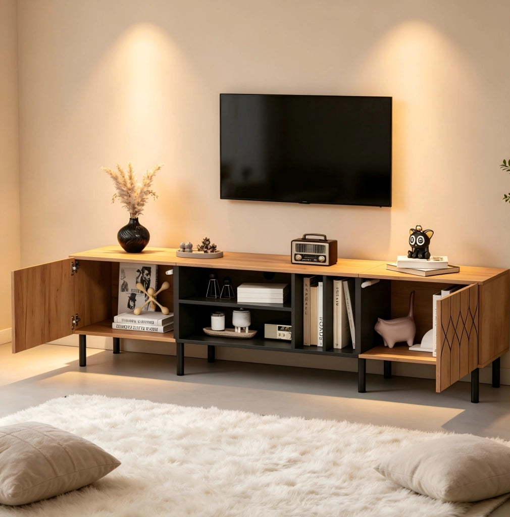 Mobile TV 180x40x50 cm con ante push-to-open; 4 ripiani aperti; truciolato e MDF; nero e naturale