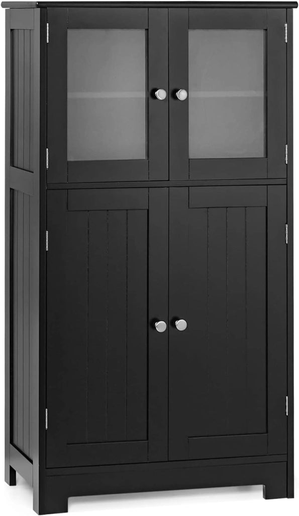 Armadietto del Bagno con 4 Ante, Armadietto con Ante di Vetro, Credenza di Legno con Mensole Regolabili, Organizer Multiuso per Casa Corridoio Salone Ufficio (Grigio)