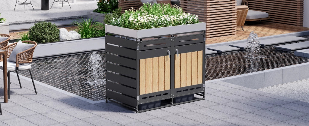 OKWISH Copribidoni Doppio con Fioriera, 2 Scomparti, Ventilazione e Porte con Serratura, Ferro Nero