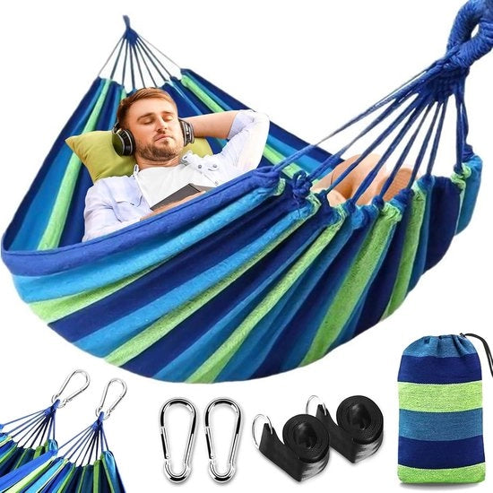 Hamac per 2 Persone (300 x 150 cm) 270 kg di Carico con Carabinieri e Cinture - Rastrello Portatile per Esterno, Giardino, Spiaggia, Balcone