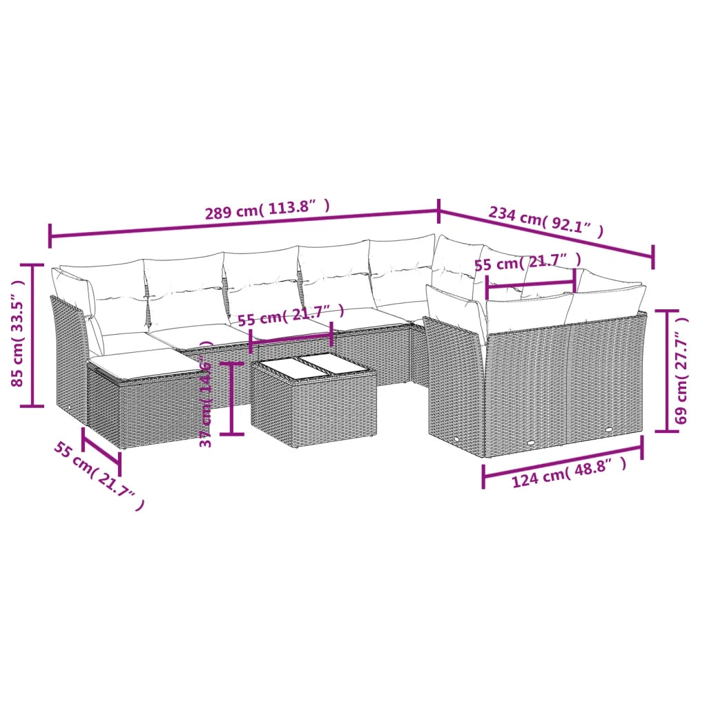Set Divani da Giardino 11 pz con Cuscini in Polyrattan Nero