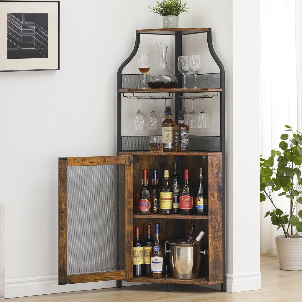 Mobile Bar Angolare Portabottiglie Vintage in Metallo e MDF, 154cm