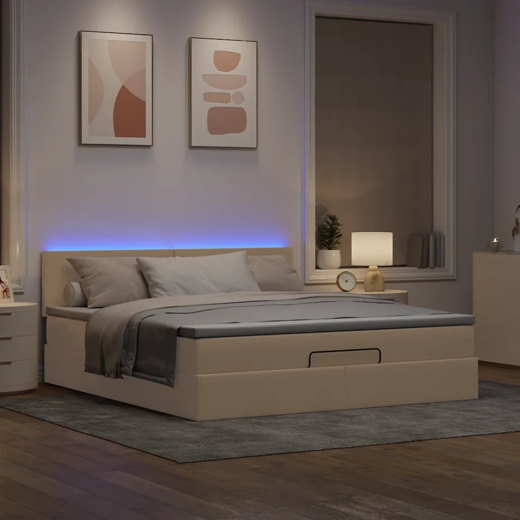 Pouf Letto con Materasso e LED Crema 180x200cm in Tessuto 3312248