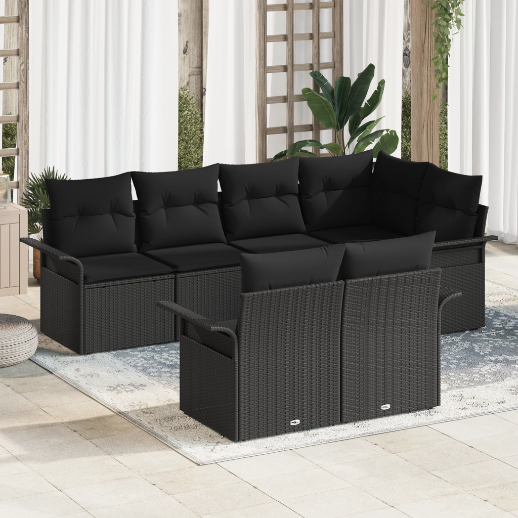 Set Divano da Giardino 7 Pezzi con Cuscini Nero Polyrattan