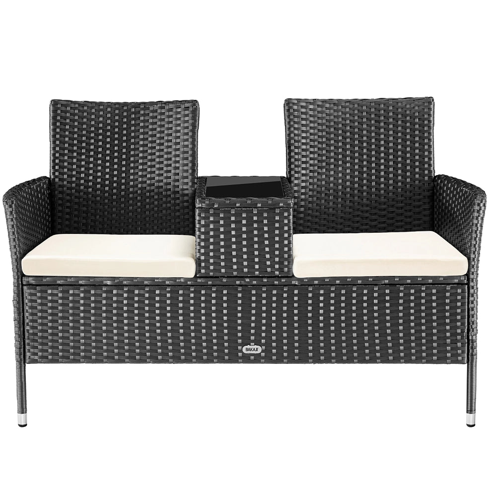 Divano da Giardino 2 Sedute Divise da Tavolino con Ripiano Vetro in Polyrattan Nero
