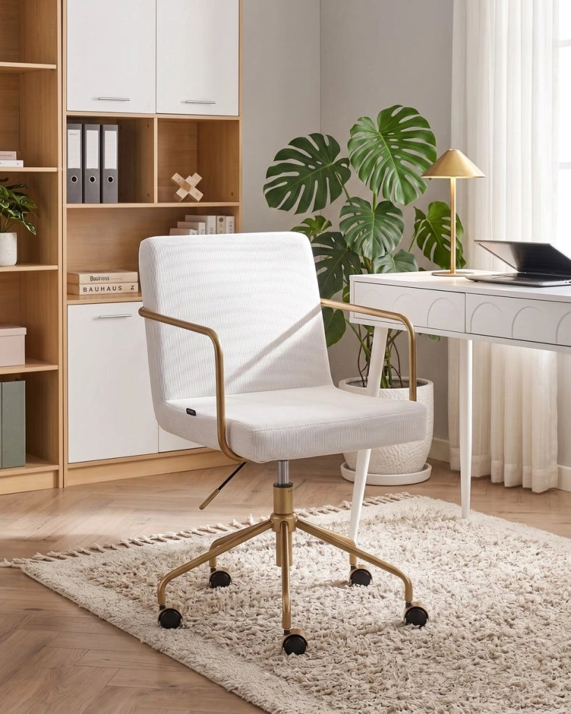 Sedia da ufficio in velluto a coste color avorio, regolabile in altezza, con base girevole, per l'ufficio domestico