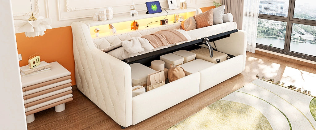 Letto singolo 90x200 cm con contenitore idraulico; LED multicolore e prese USB; tessuto beige