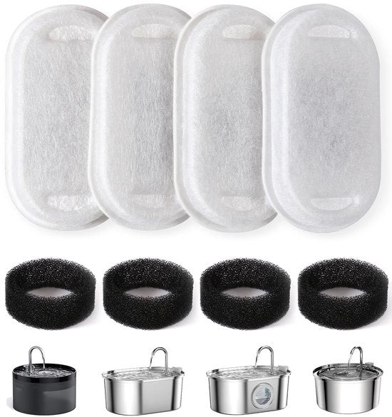 8 pezzi di filtro per acqua per gatti, 4 filtri a carbone attivi e 4 filtri a spugna schiumante. Filtro di ricambio per la fonte di acqua per animali da 3,2 l/2 l con filtrazione a tre stadi.