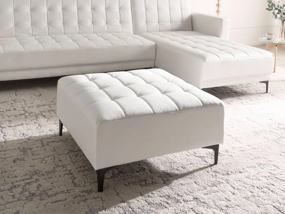 Pouf moderno quadrato poggiapiedi in ecopelle bianco trapuntato ottomana moderno con gambe dorate