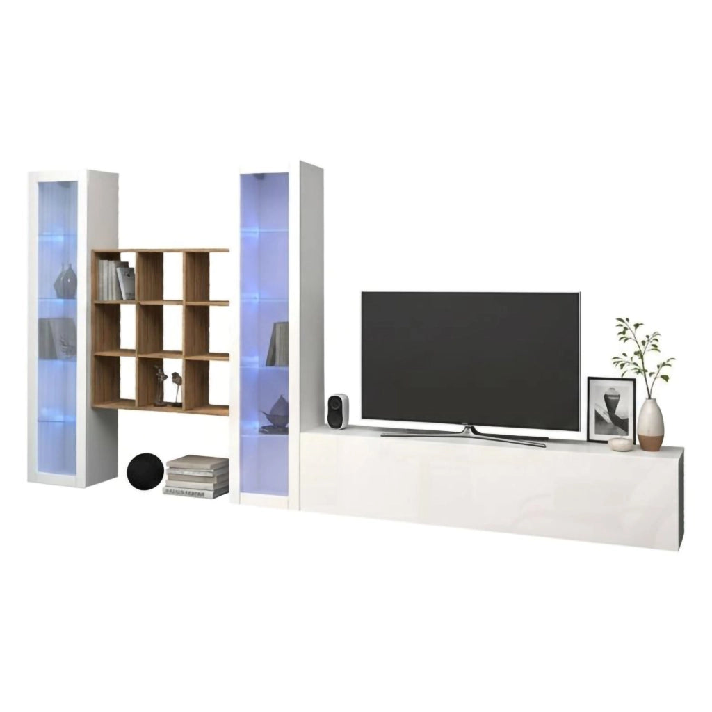 Mobile Soggiorno Atella, Parete Attrezzata 18 Ripiani Made in Italy, 350x30x180h cm Bianco Lucido