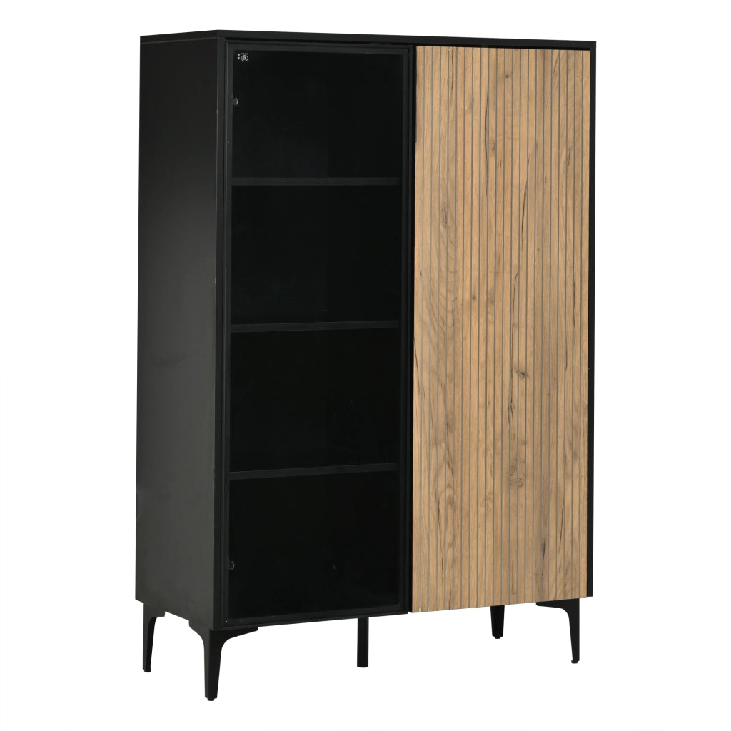 Vetrina alta con 2 ante e 8 vani con LED RGB; per soggiorno e ingresso; in MDF e vetro; nero e legno; 90×40×135 cm