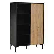 Vetrina alta con 2 ante e 8 vani con LED RGB; per soggiorno e ingresso; in MDF e vetro; nero e legno; 90×40×135 cm