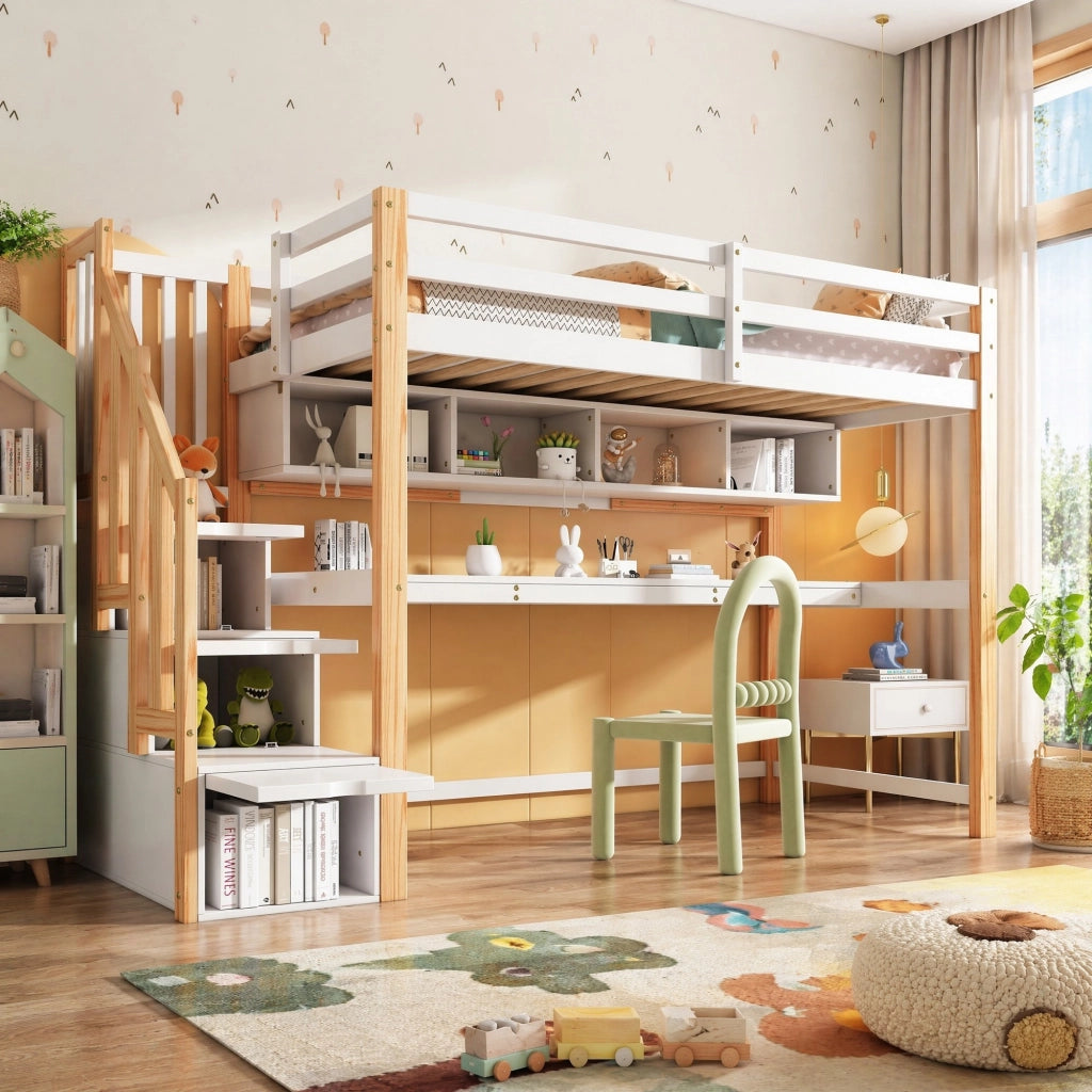 Letto a soppalco per bambini 90x200 cm con scrivania integrata e scala contenitore; bianco e rovere