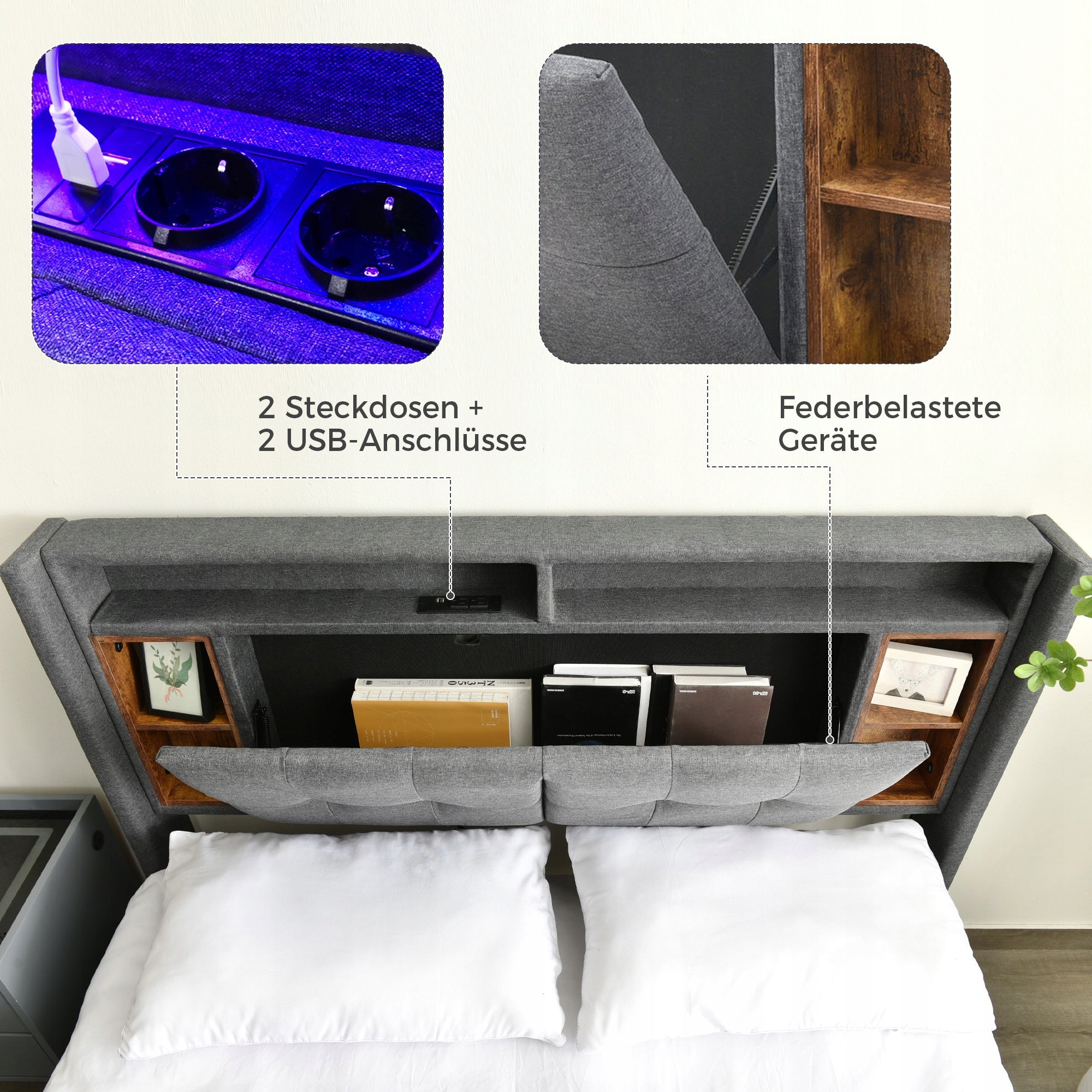 Letto matrimoniale 160x200 - Xylo - Grigio con USB, LED e materasso incluso