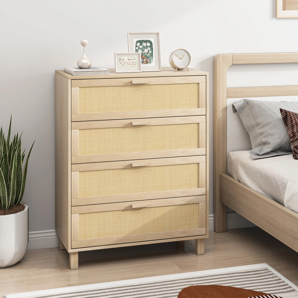 Cassettiera 4 cassetti con cannage in rotin ¨C Xylo ¨C 80x40x103 cm legno chiaro MDF