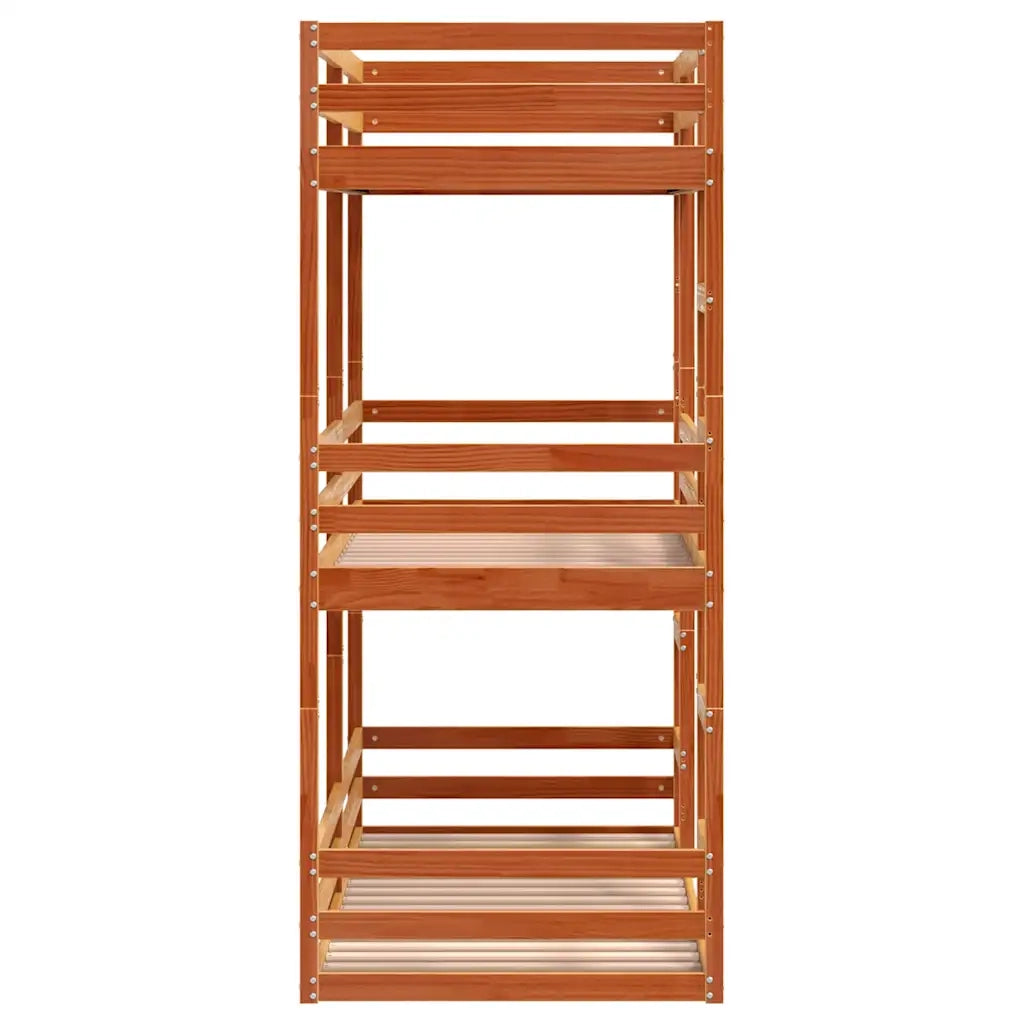 Letto Castello Triplo Marrone Cera 90x190cm Legno Massello Pino