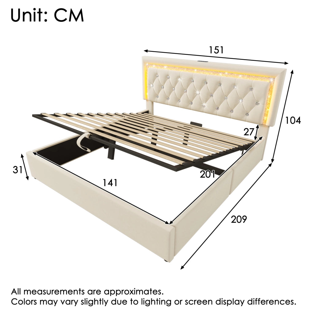 Letto matrimoniale 140x200 cm in velluto beige con LED, USB-C e materasso