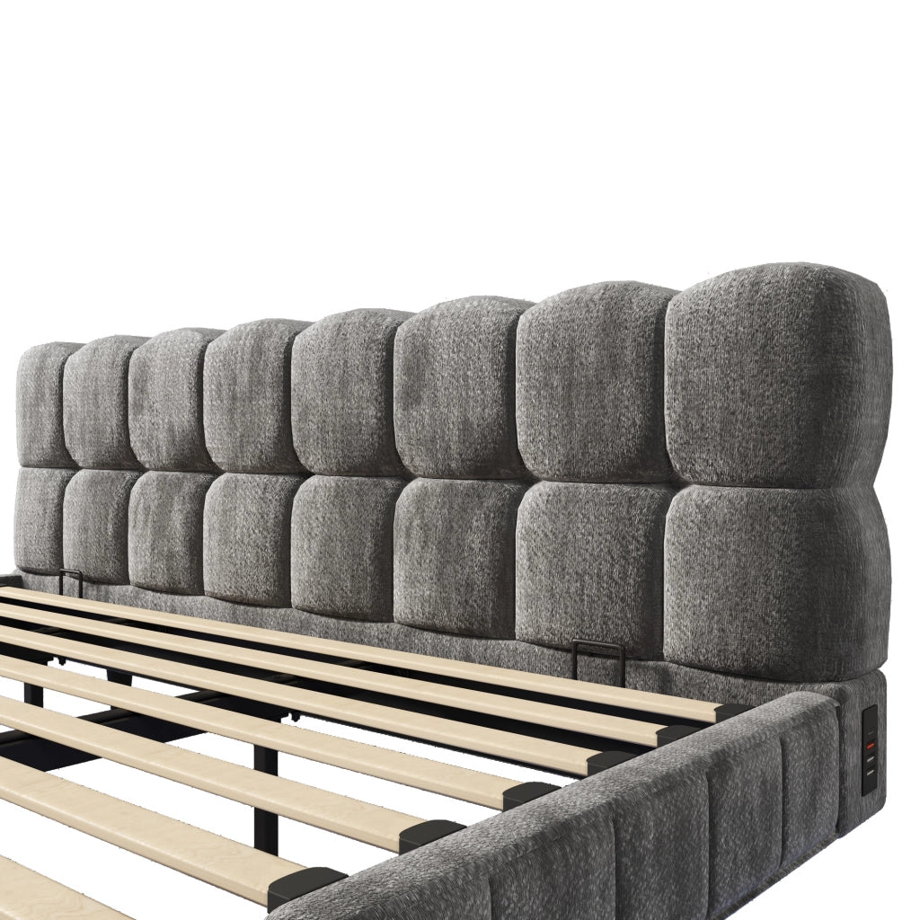 Letto imbottito 180x200 cm con contenitore idraulico e LED in ciniglia grigio