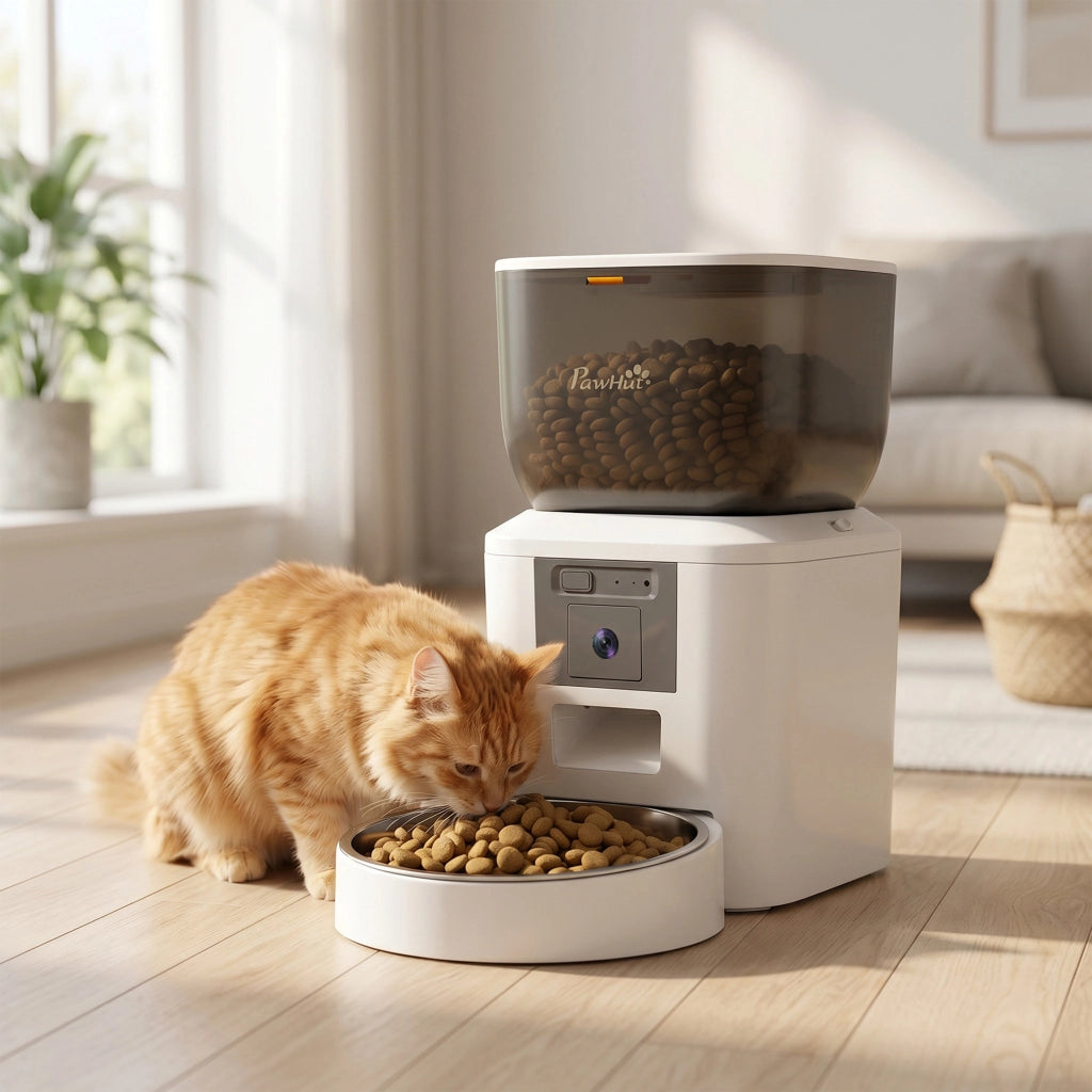 Distributore Automatico Cibo Gatti e Cani 4L WiFi 2.4G, App Controllo con Telecamera, Ciotola, Bianco