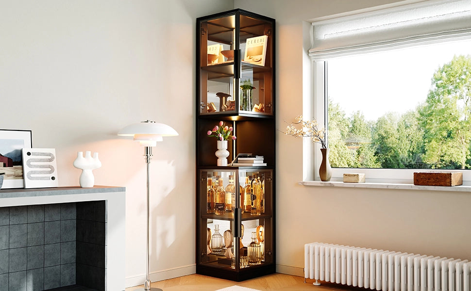 Vetrina con LED, 2 ante in vetro, specchio posteriore e vano aperto, per soggiorno, in truciolare, nero, 42 × 44 × 205 cm