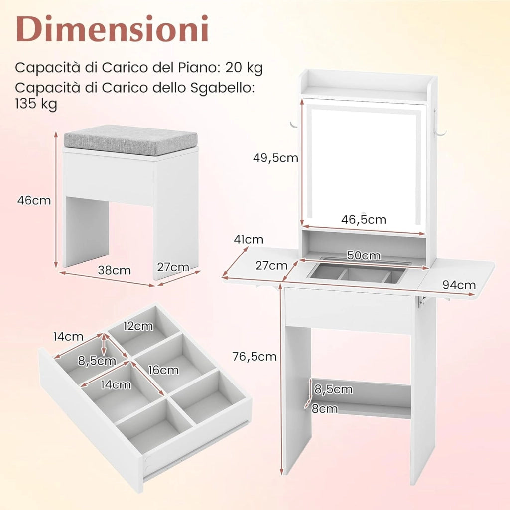 Toeletta Trucco con Luci LED, Tavolo da Trucco con Specchio e Stazione di Ricarica, Postazione Trucco con Cassetto, 2 Piani d'Appoggio a Ribalta, Bianco (Modello 3)