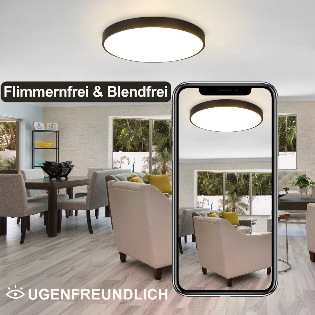 ZMH Lampada da soffitto plafoniera LED nera IP44 rotonda 37 cm intensità luminosa regolabile
