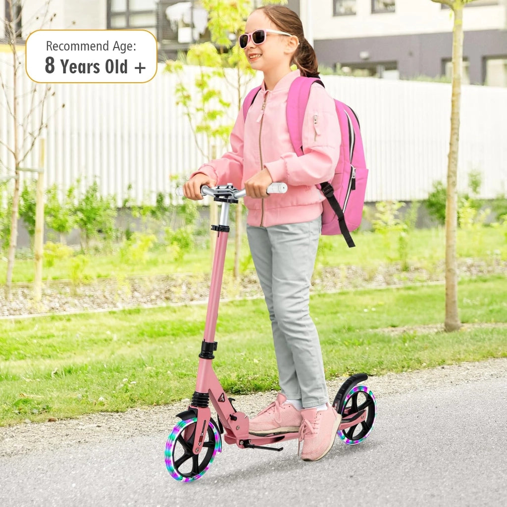 Monopattino da bambino con 2 ruote, LED e freno, skateboard pieghevole, 3 altezze regolabili, scooter in alluminio con cavalletto e cintura, carico 100 kg, bambini 8 anni
